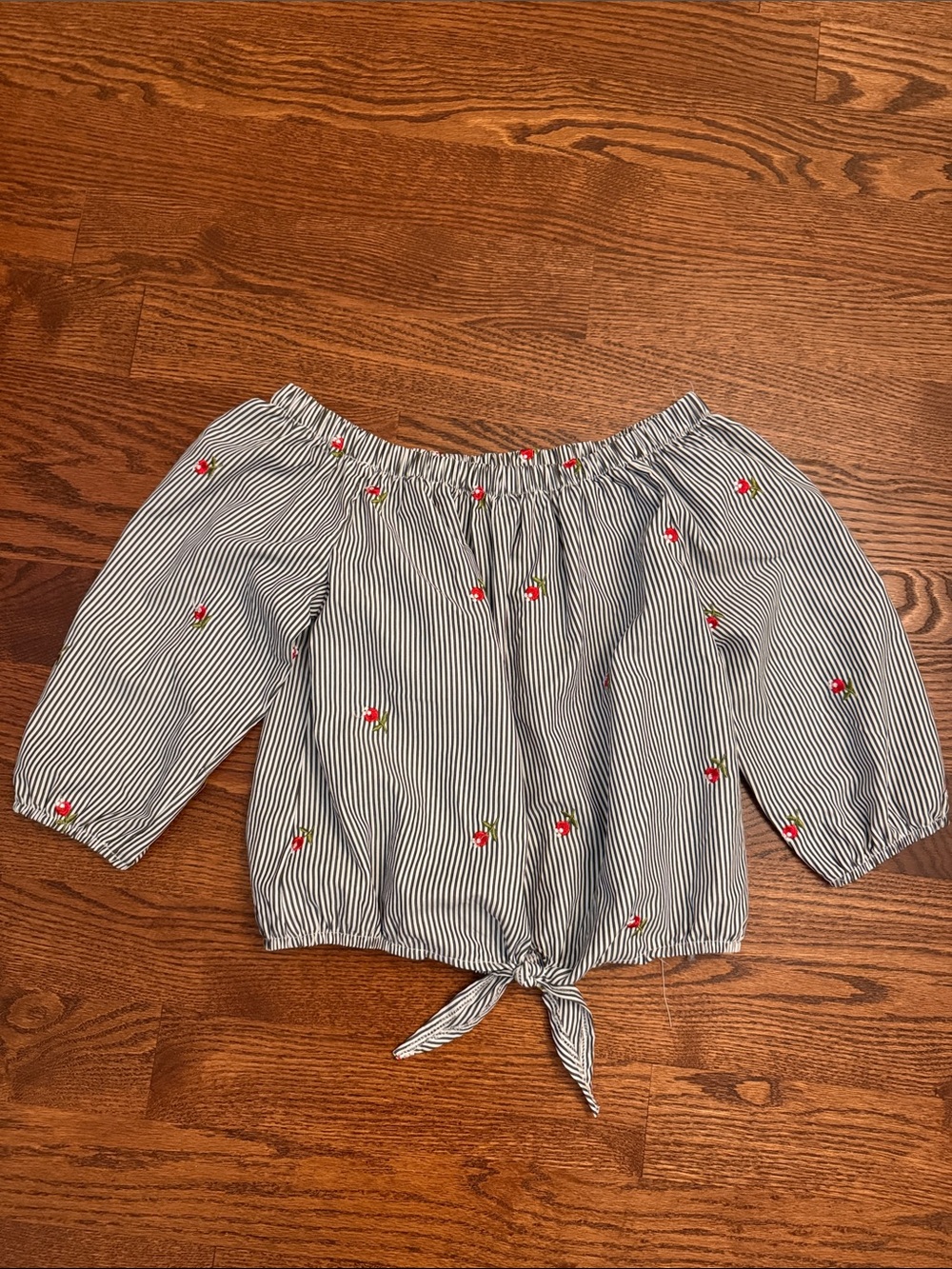 French Striped Off-Shoulder Tie Front Top with Embroidery